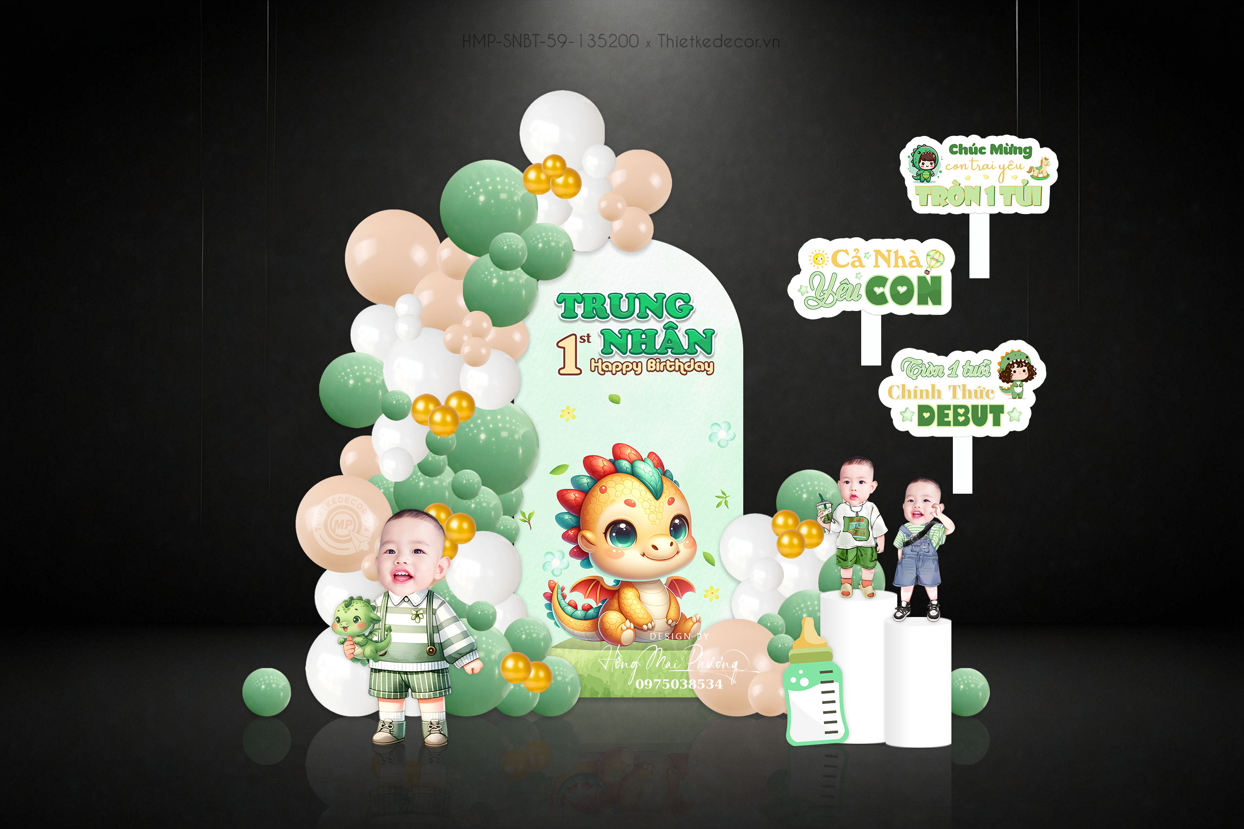 Sinh nhật bé trai tuổi rồng tone xanh lá mix vàng